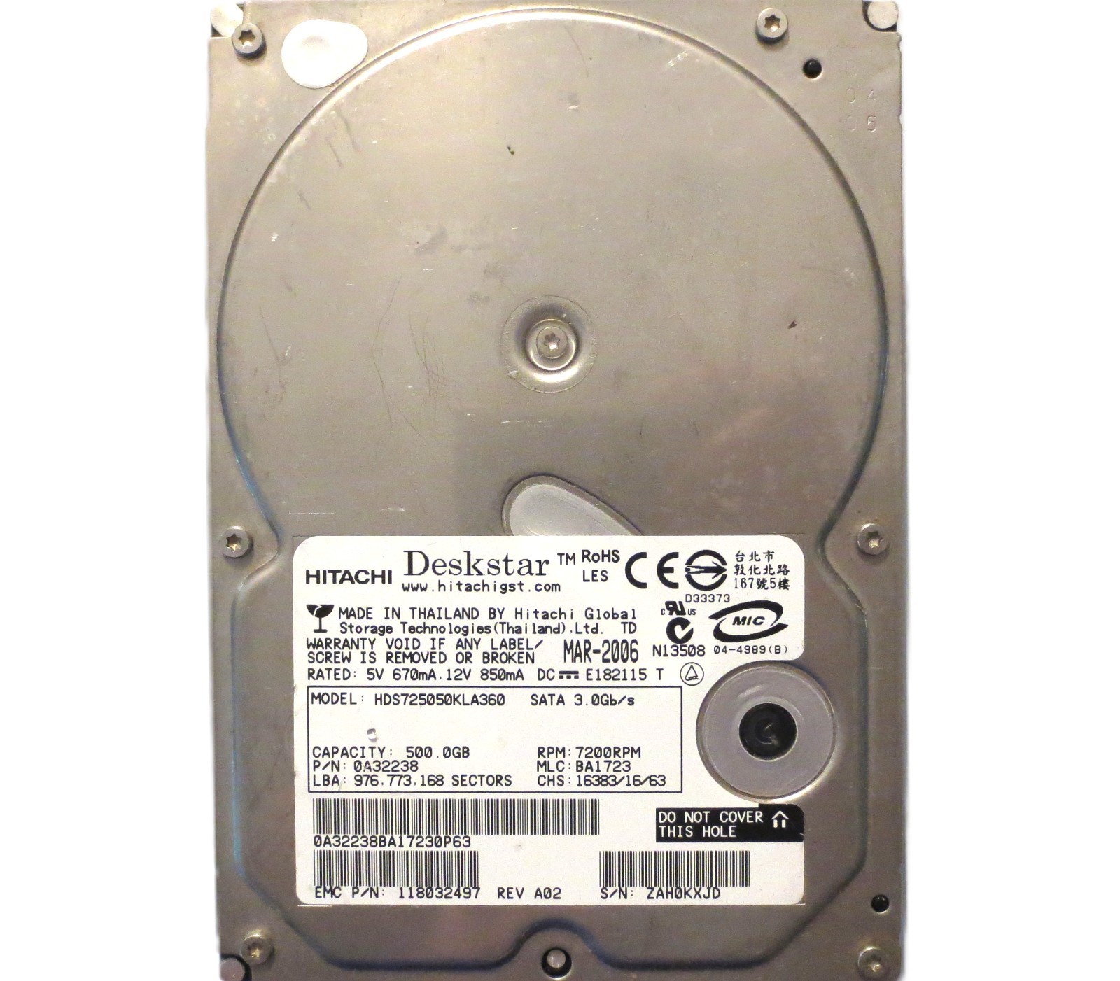 Hitachi HDS725050KLA360 0A32238 BA1723 (ZAH0) Thailand 500gb Sata 3.5" MAR-2006