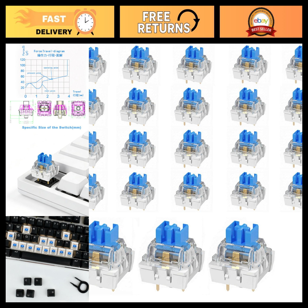 120 PCS Blue Mechanical Keyboard Switches - 3 Pin Clicky, Pre-Lubed, Dustproof f