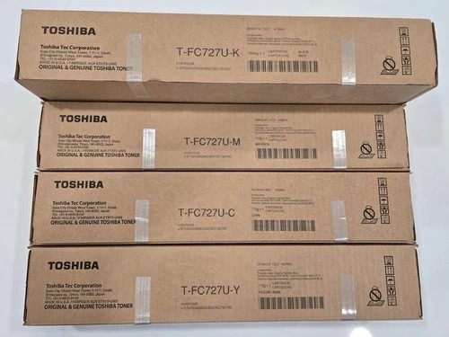 Brand New Toshiba T-FC727U Toners, Complete Set, Black, Yellow, Magenta, Cyan.