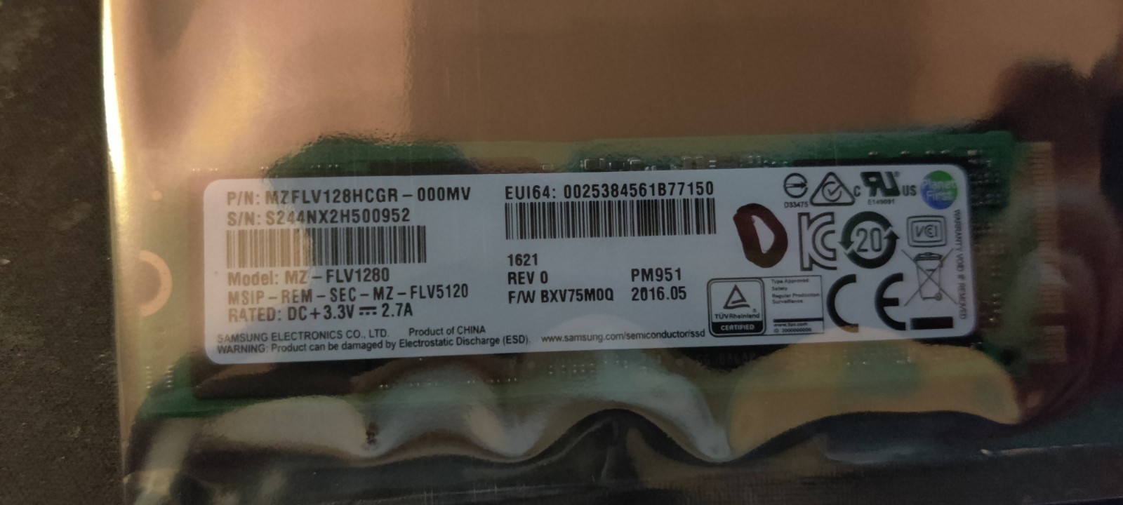 SAMSUNG MZFLV128HCGR-000MV 128GB PCIE M.2 SSD MODEL - MZ-FLV1280 PM951 