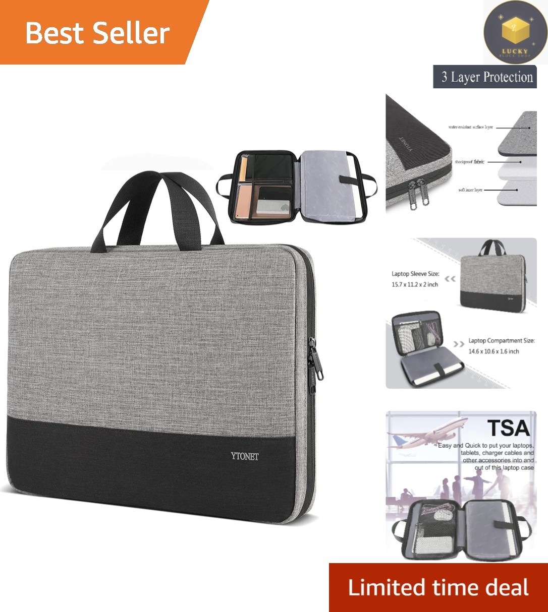 Stylish Grey 15-16” Laptop Case with Zippered Organizer & Lightweight Design