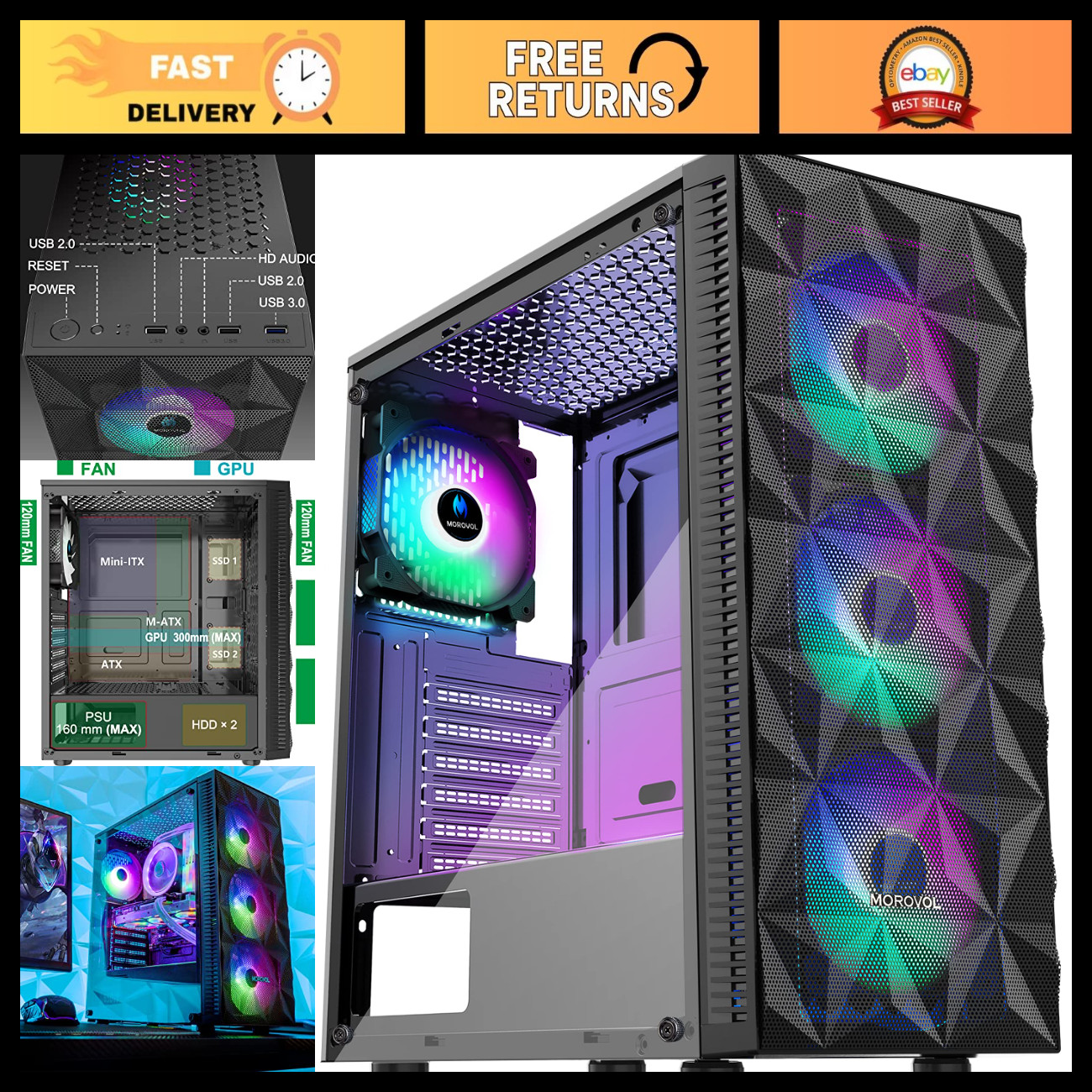 RGB Gaming PC Case with Tempered Glass, Diamond Mesh Front, 4 Fans, USB 3.0, Mid