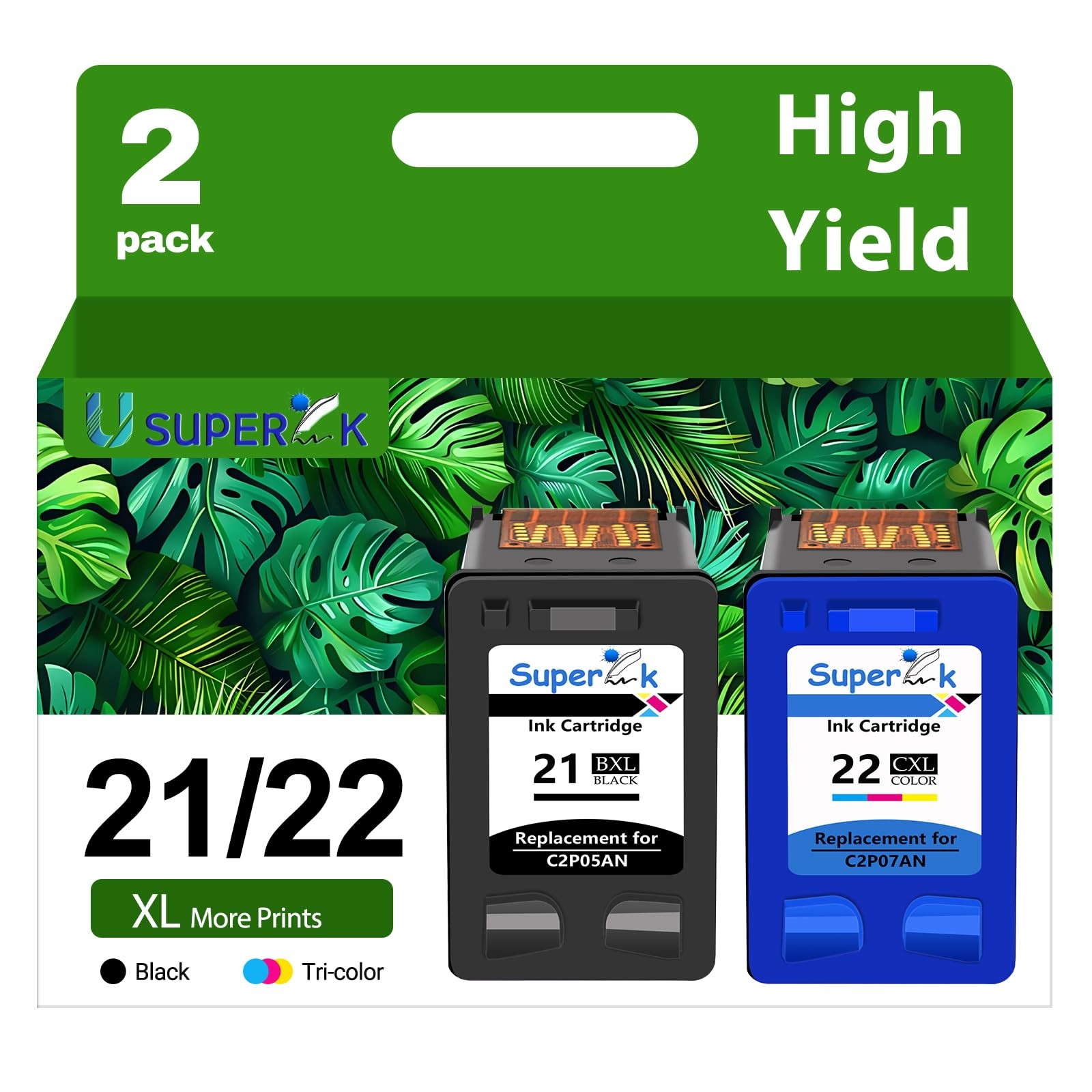 SuperInk 21XL 22XL Ink Cartridge Combo Pack for HP 21 22 (Black Tri-Color, 2