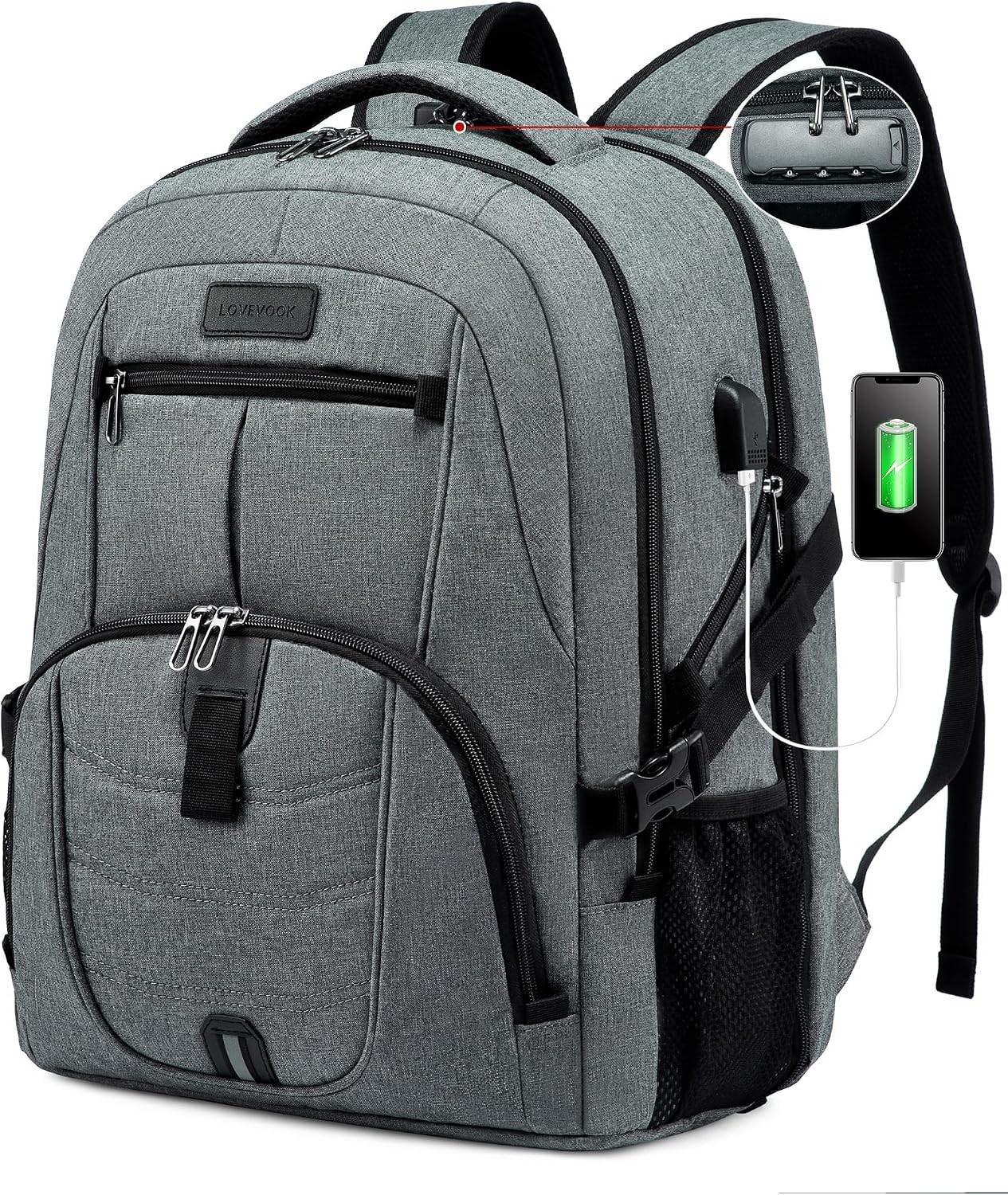 LOVEVOOK 18.9" Laptop Backpack Gray Travel Work Bag Minimalist Multi Pocket BNWT