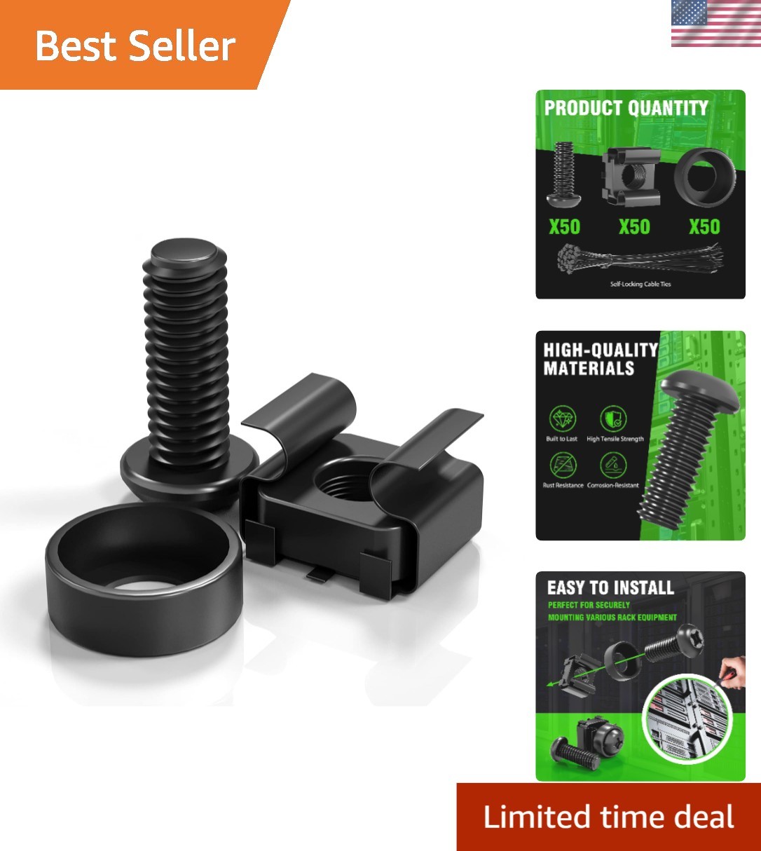 Versatile 50 Pack M6 Rack Mount Cage Nuts, Screws & Washers for All Racks