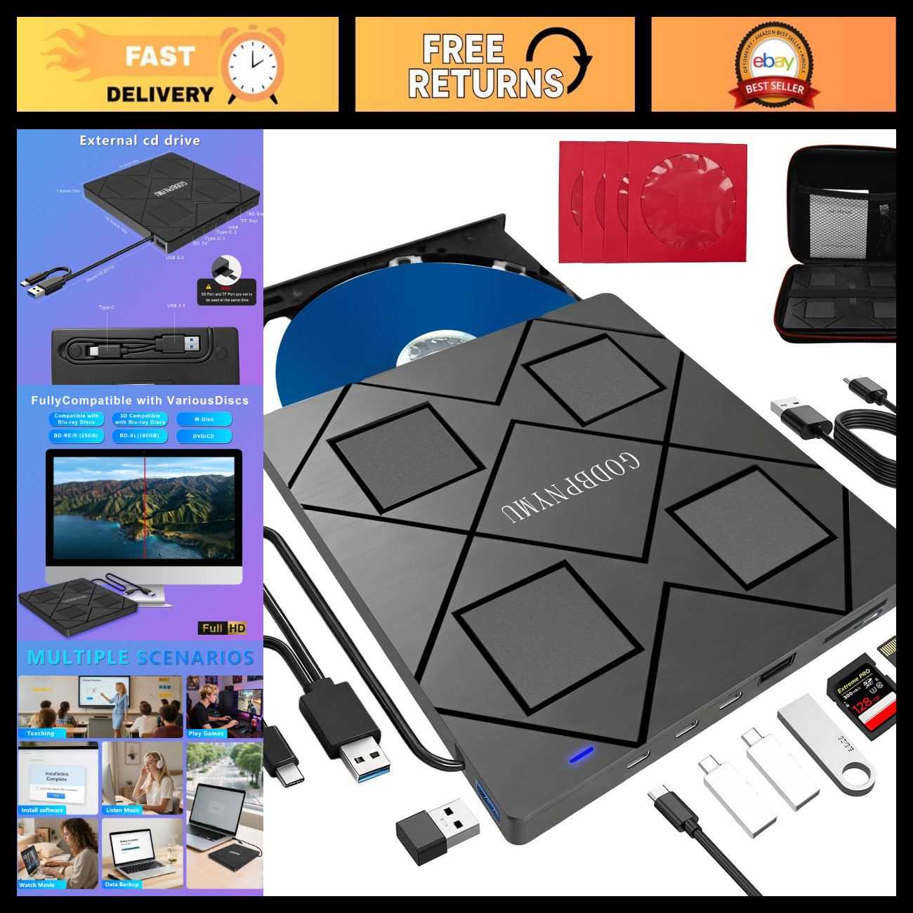 8-in-1 External Blu-ray/DVD Drive for PC, USB 3.0, High-Speed Data Transfer, Por