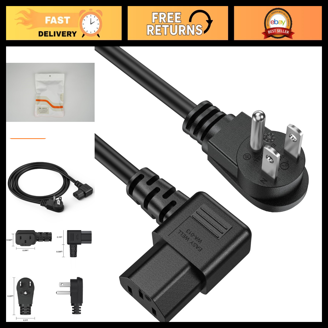 3-Pack 3FT AC Power Cord, C13 to NEMA 5-15P, Heavy Duty 3 Prong Cable