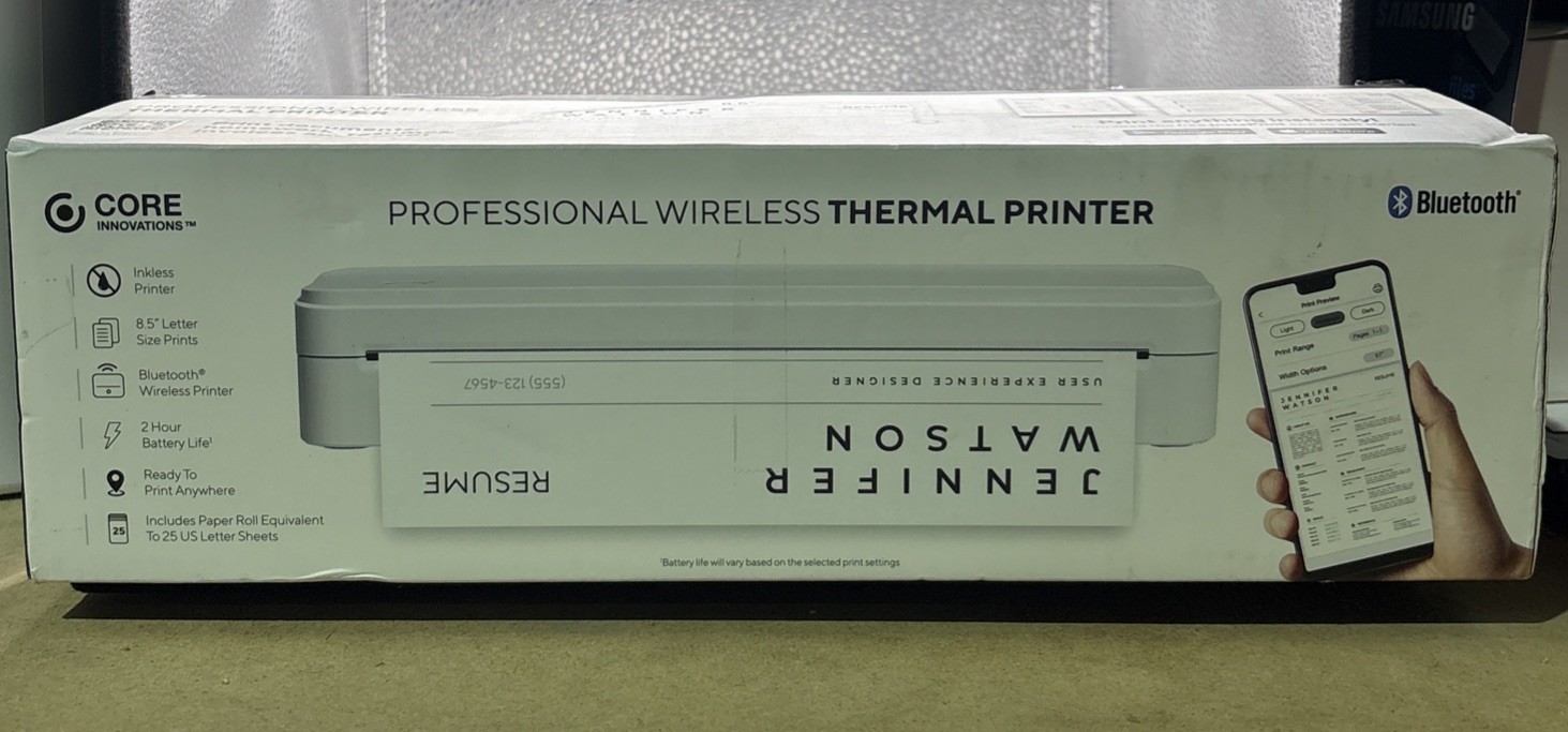 # Core Innovations Wireless Thermal Mini Printer w/ 25 US Letter Sheets  White