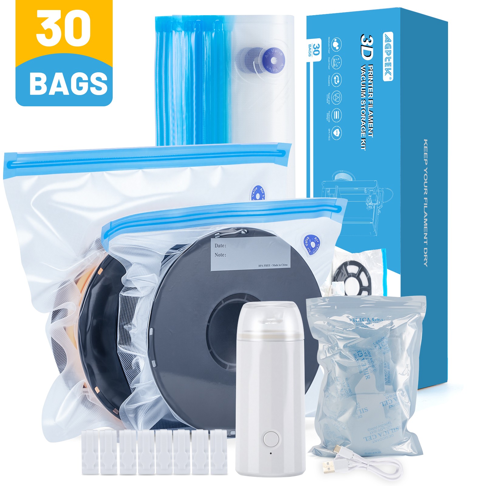 3D Printer Filament Storage Bags 30 Pack Vacuum Sealed Kit with Electric Pump