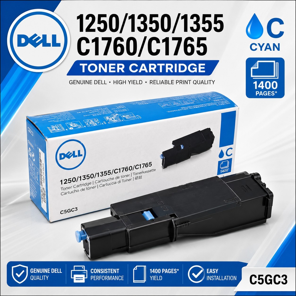 Dell 1250 1350 1355 C1760 C1765 Cyan High Yield Toner Cartridge C5GC3