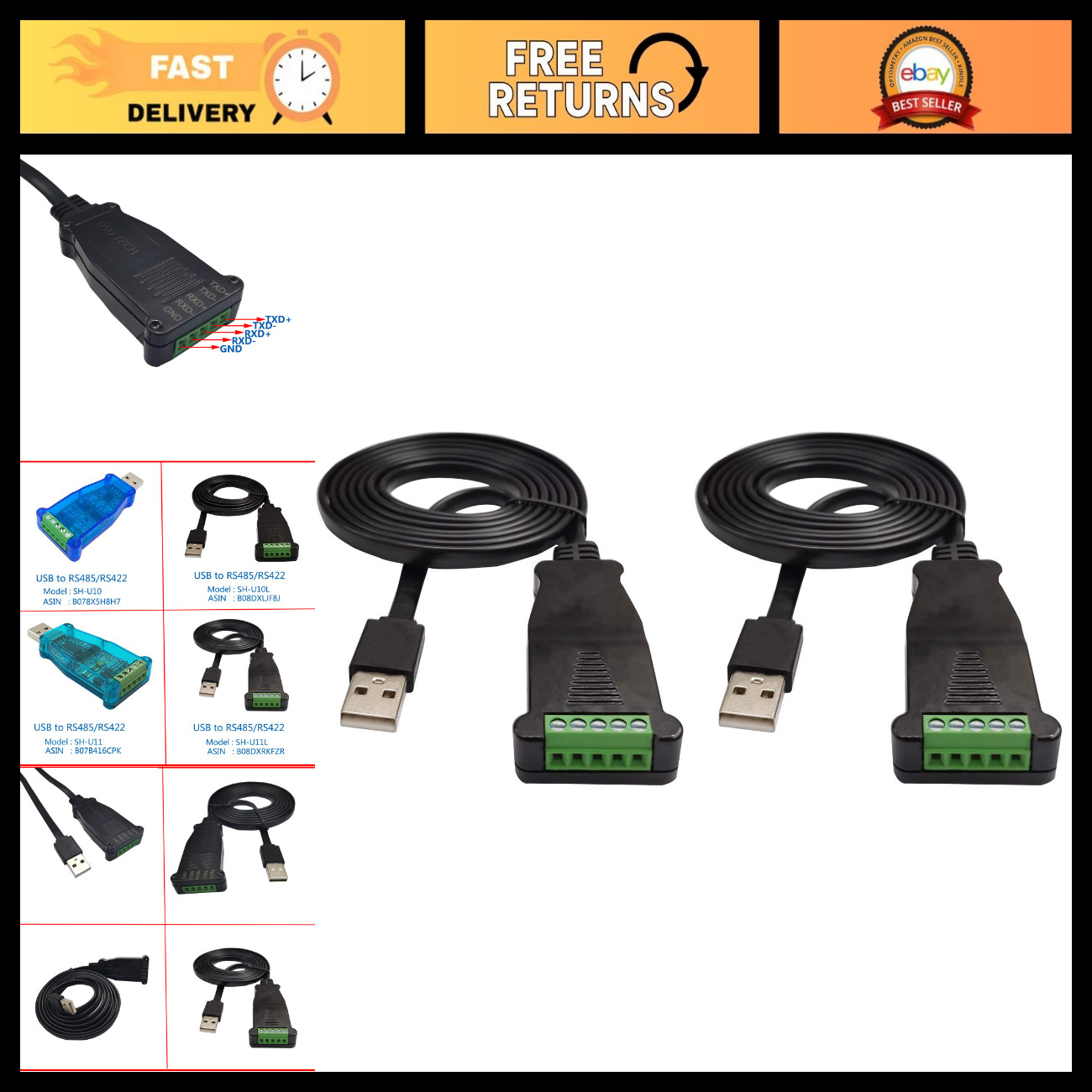 USB to RS485 RS422 Cable FTDI FT232 Chip 1.5M/5FT - Pack of 2, Serial Adapter