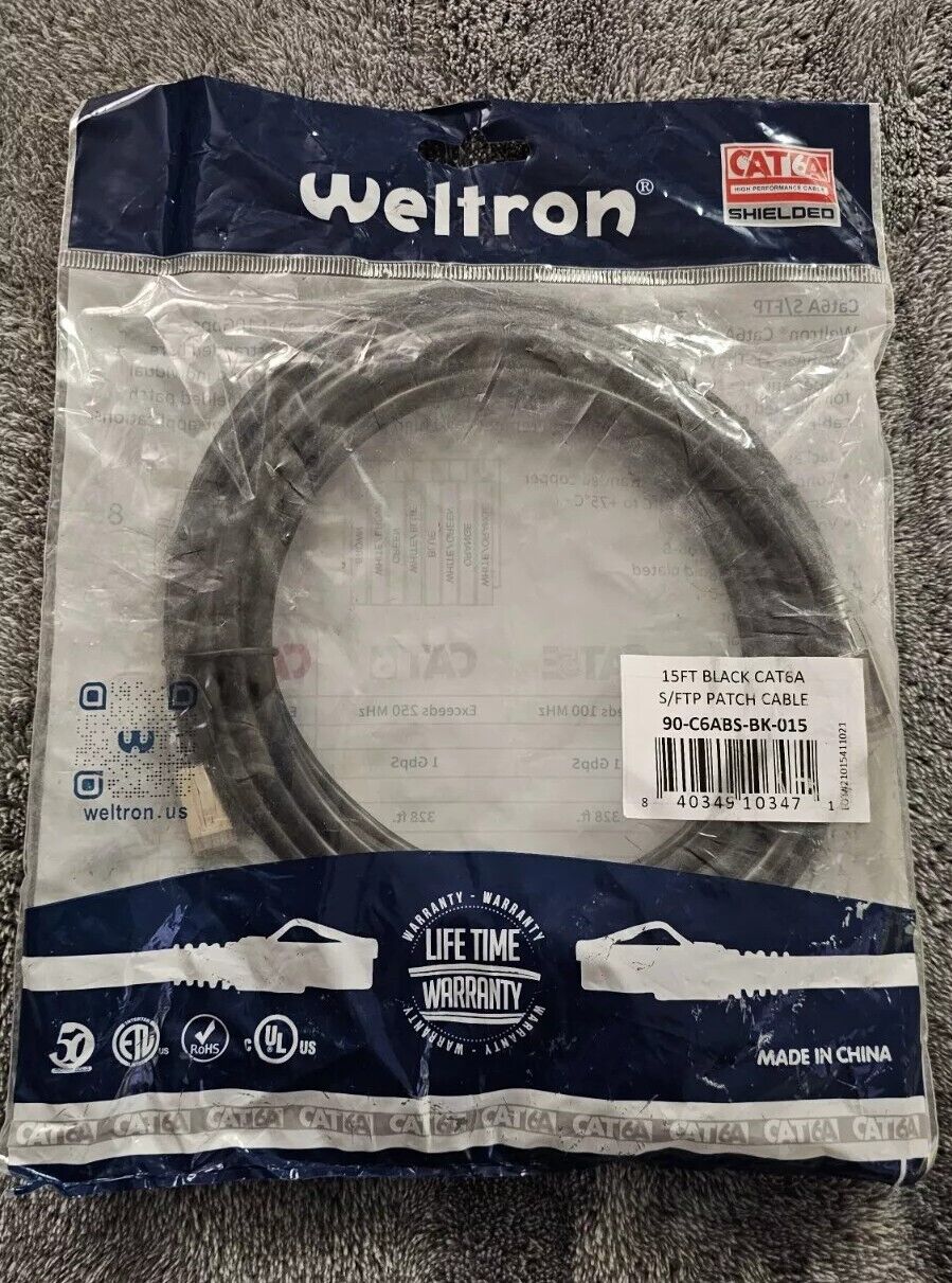 Weltron 15ft Black CAT6A S/FTP Shielded Patch Cable - Lifetime Warranty