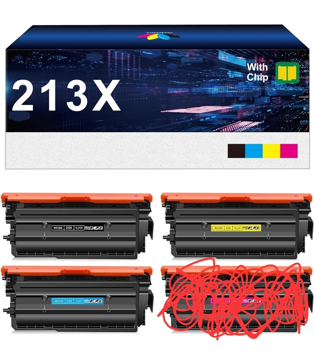 213X Toner Cartridge Replacements, Black, Cyan, Yellow *NO MAGENTA CARTRIDGE*
