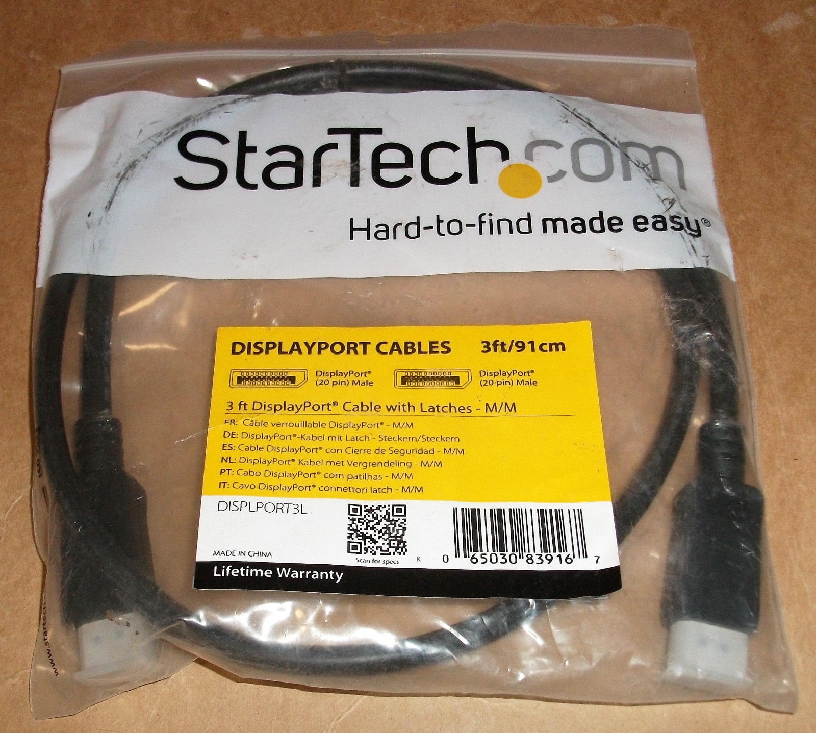 STARTECH DISPLAYPORT CABLE WITH LATCHES VIDEO AUDIO CABLE DISPLPORT3L NEW