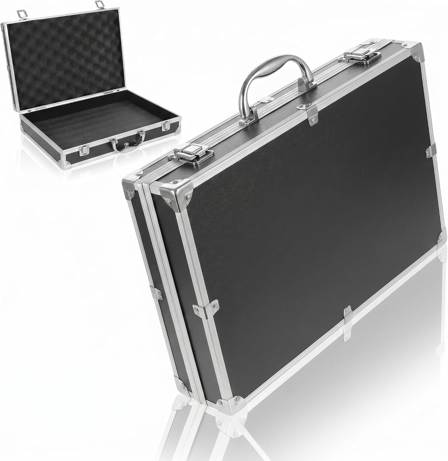 Hard Briefcase Metal Briefcase Black, Locking Aluminum Case with Wave Foam Inser