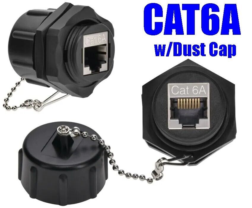 Cat6A RJ45 Shielded Ethernet Industrial Panel Mount Feed Thru Coupler w/Dust Cap