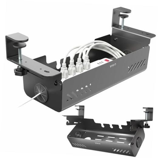No Drill 19 inch Clamp-On Under Desk Cable Management Box with Flip-Open Lid,