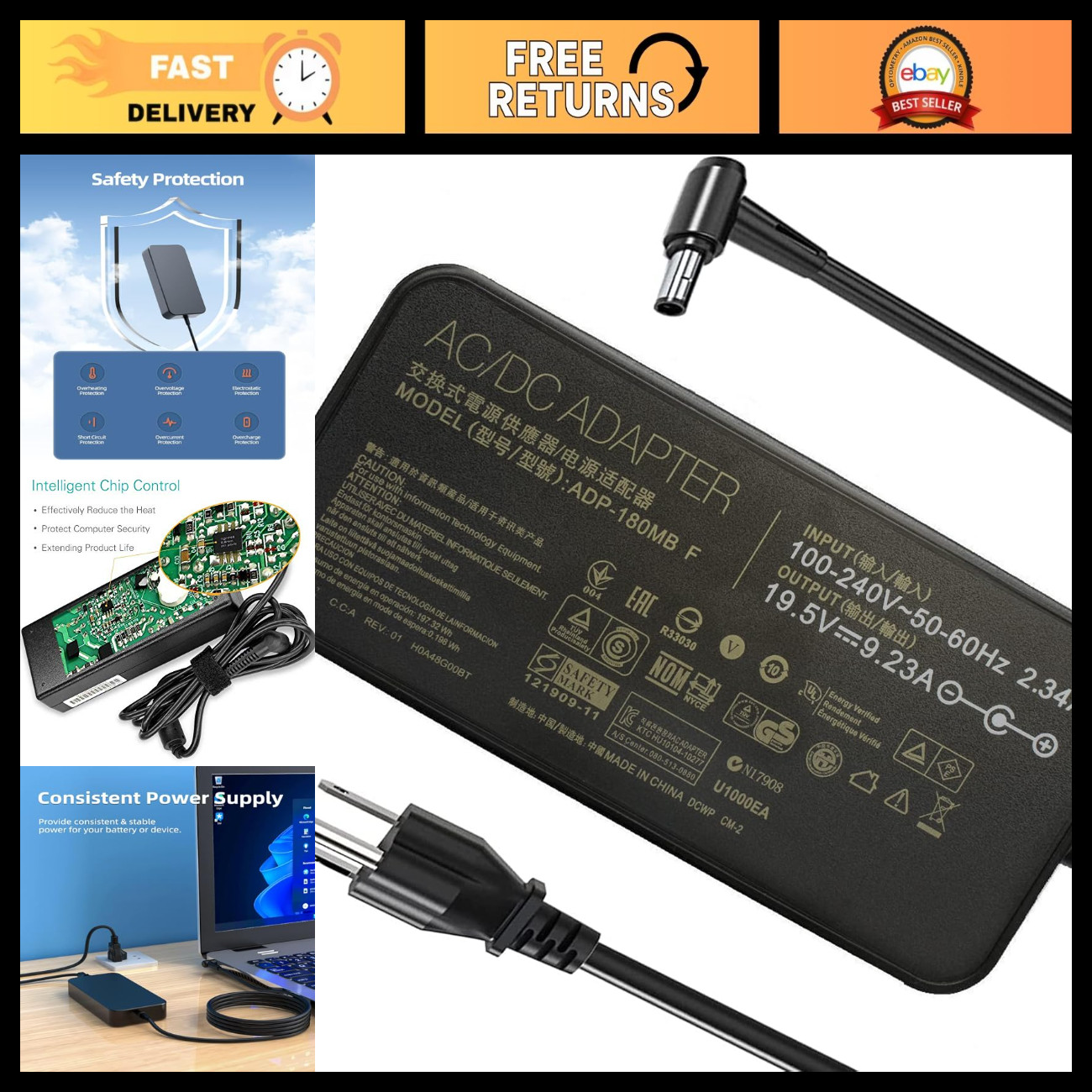 180W 19.5V 9.23A Laptop Charger Power Adapter 5.5mm x 2.5mm for ASUS Laptops