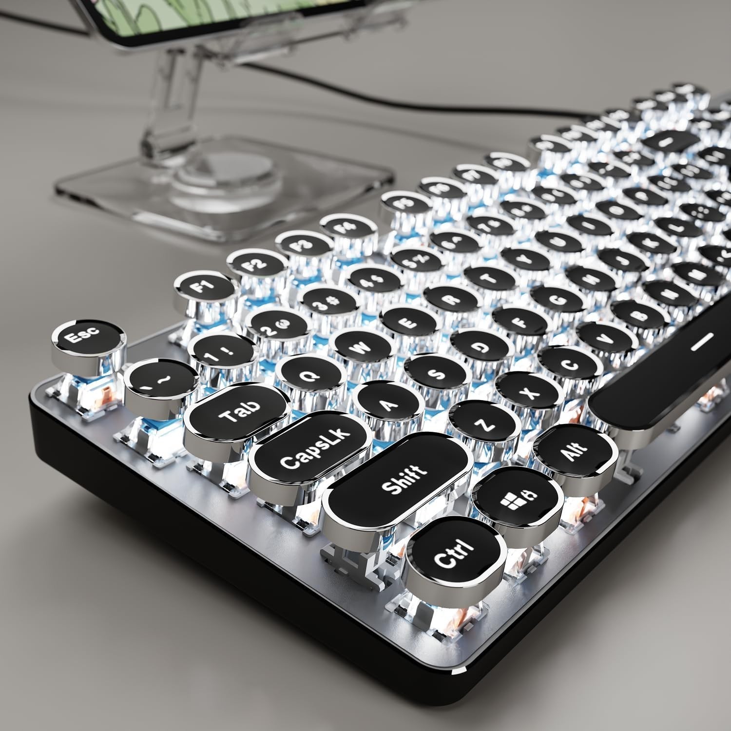 Mechanical Gaming Keyboard Typewriter Style White Backlit Wired Retro Punk Keybo