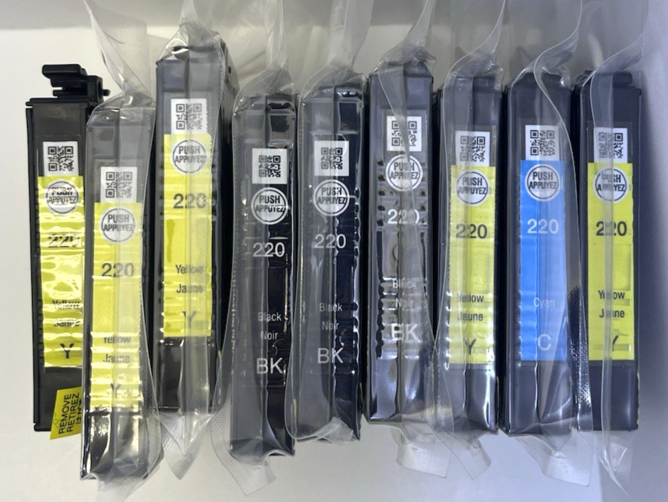 Lot of 9 Genuine EPSON 220 Sealed Ink Cartridges Black, Yellow & Cyan Exp. 02/26