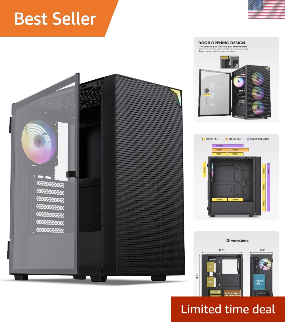 Black AL800 Mid Tower ATX Gaming PC Case with ARGB Lighting & Tempered Glass
