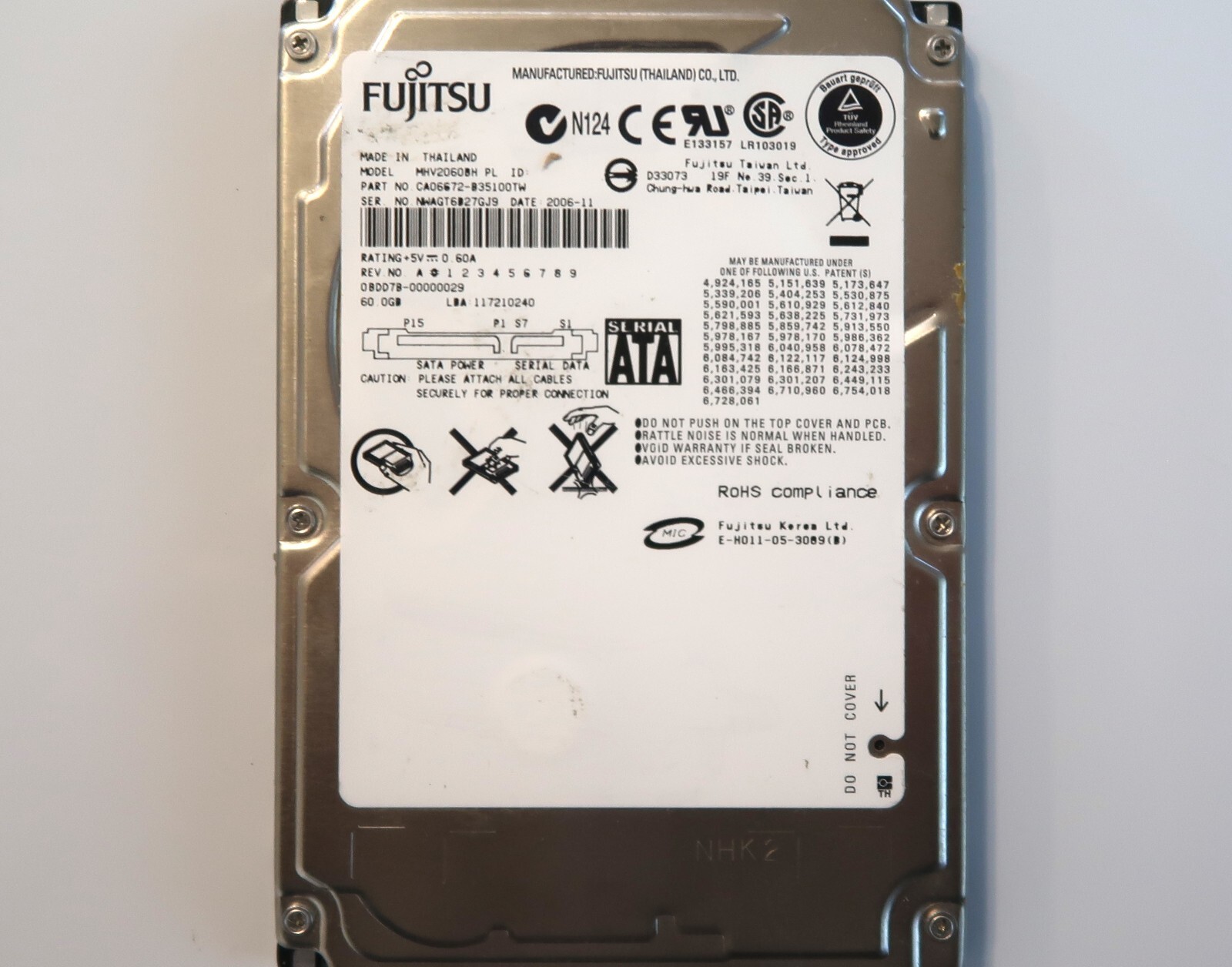 Fujitsu MHV2060BH PL CA06672-B35100TW 0BDD7B-00000029 Thailand Sata 2.5" HD 2006
