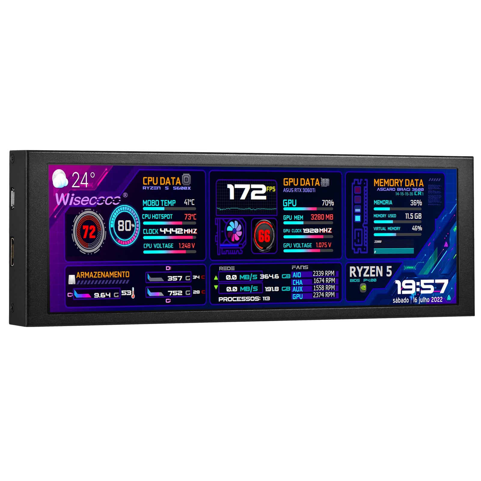 7.84 Inch Secondary Screen Stretched Bar LCD Display with Casing HD IPS 1280x400