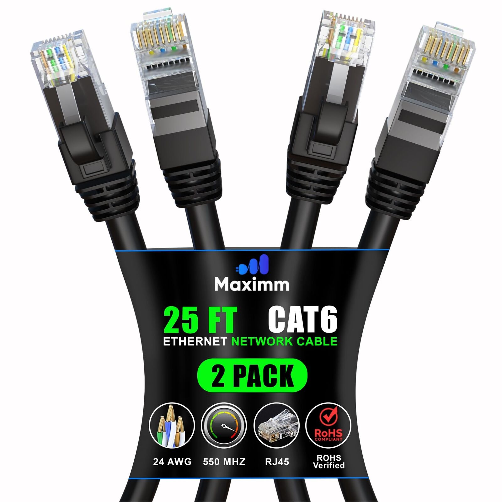 Maximm Cat 6 Ethernet Cable 25 ft 2-Pack - High-Speed LAN Cable Internet Cabl...