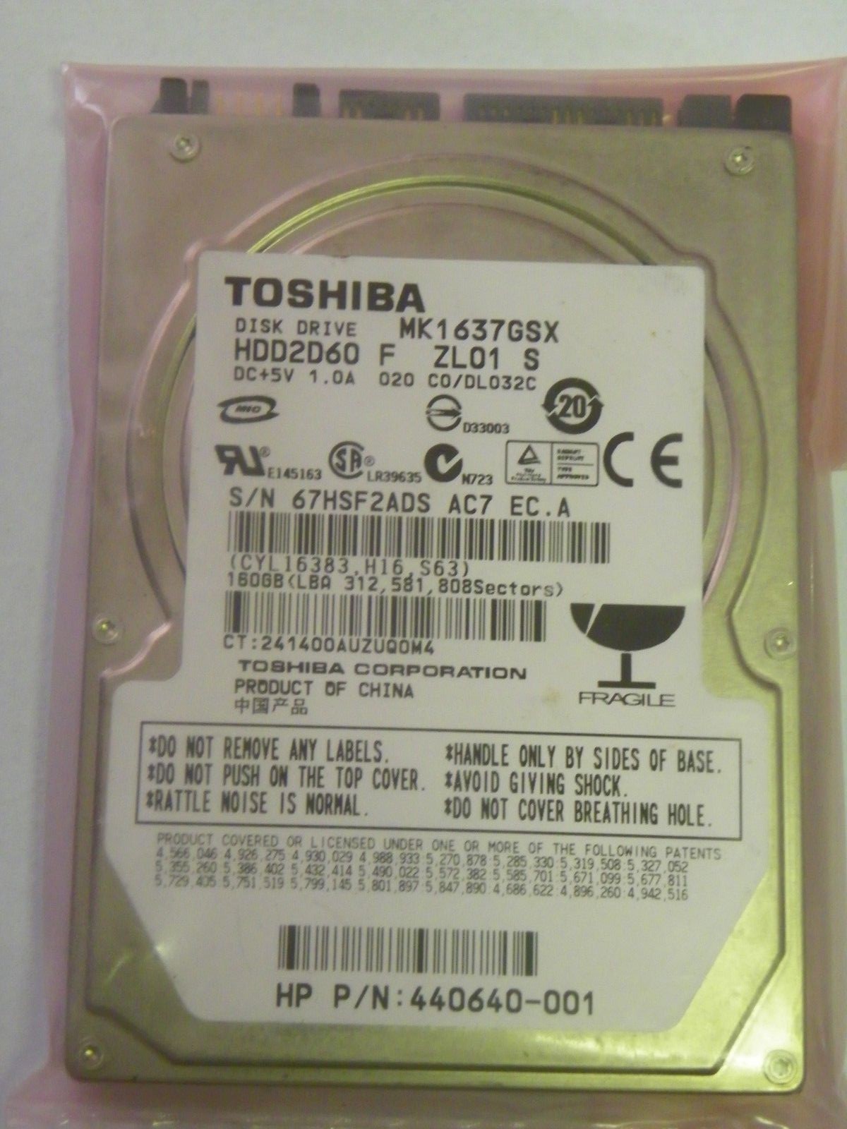 Toshiba MK1637GSX (HDD2D60 F ZL01 S) 020 C0/DL032C 160GB 2.5" SATA Hard Drive 