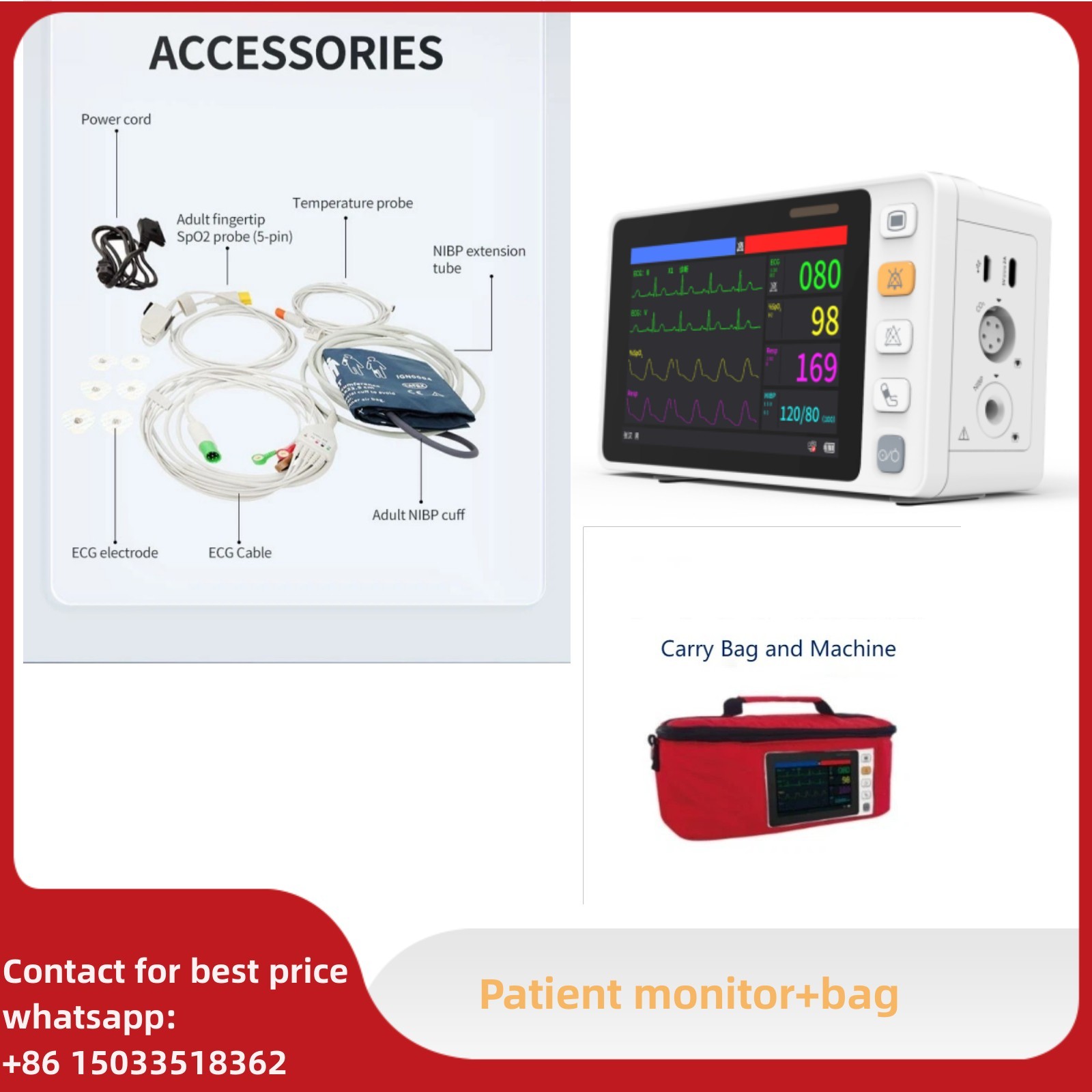 Portable Vital Signs  Patient Monitor ECG NIBP SpO2 Pulse rate +bag 5 inch,NEW