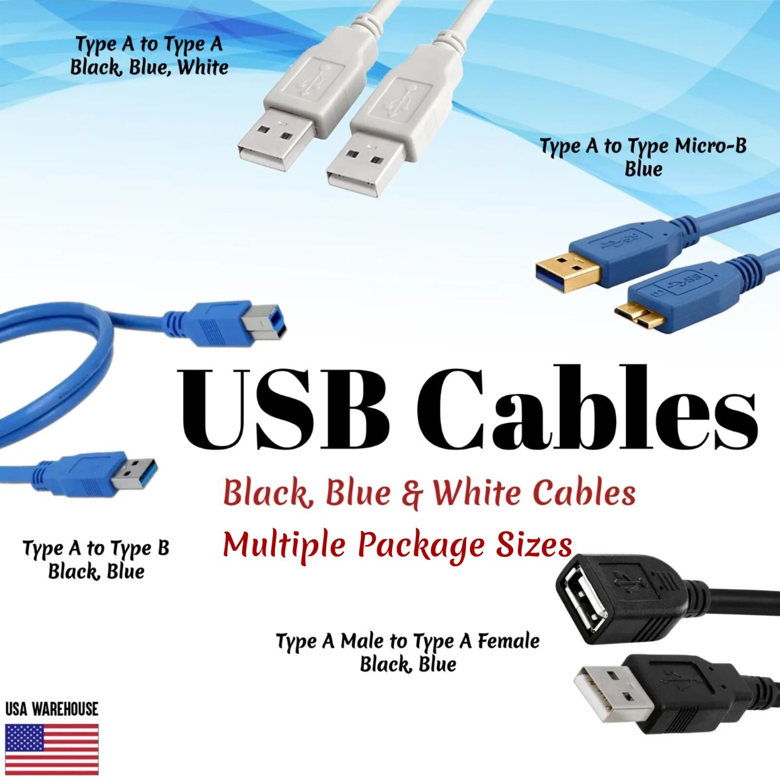 USB Cable 2.0 3.0 Type A Male to A Male Female B Male Micro B Male Multipack Lot