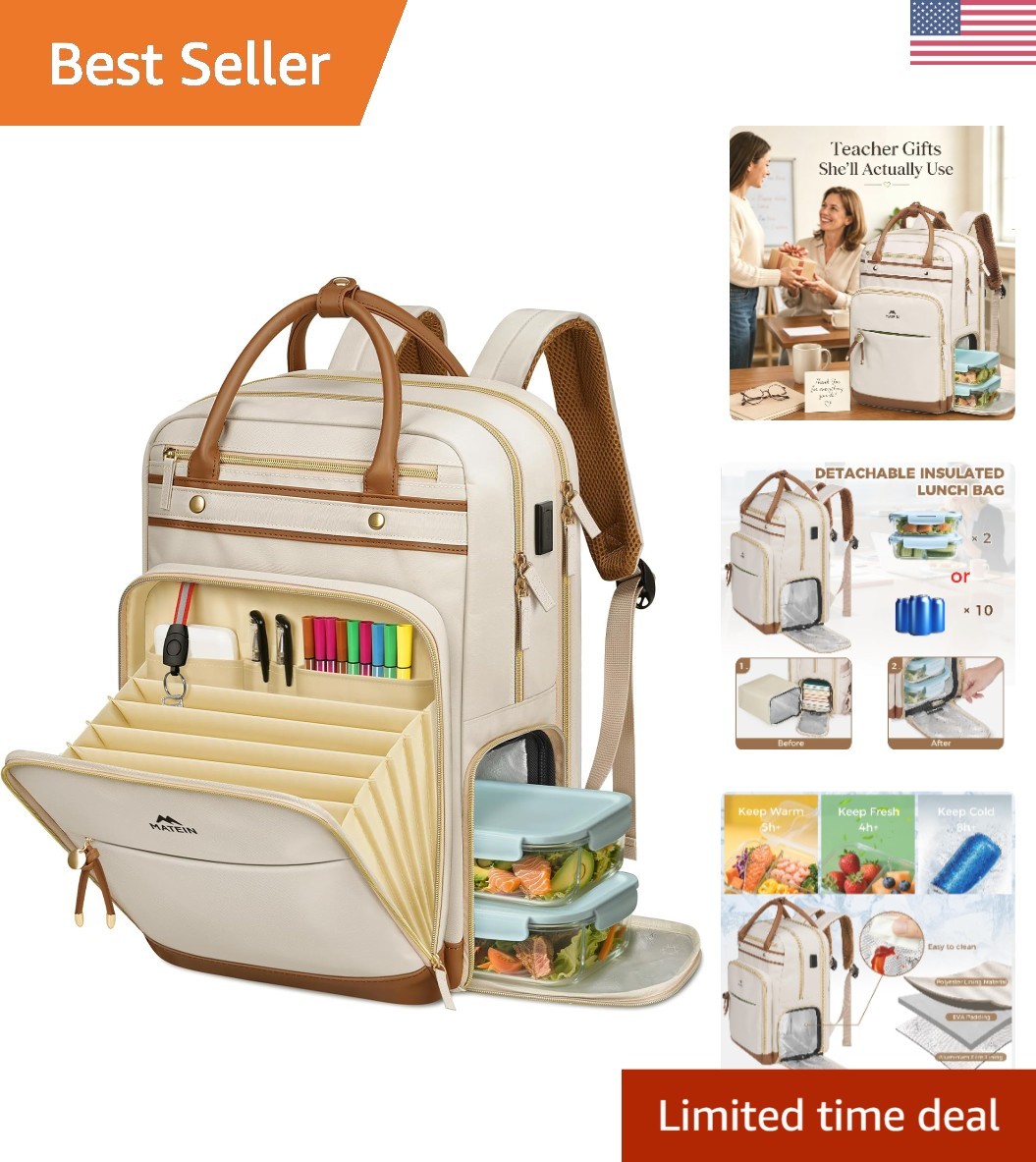 Multi-Pocket 15.6-Inch Teacher Backpack with Lunch Compartment - Commuter Ready