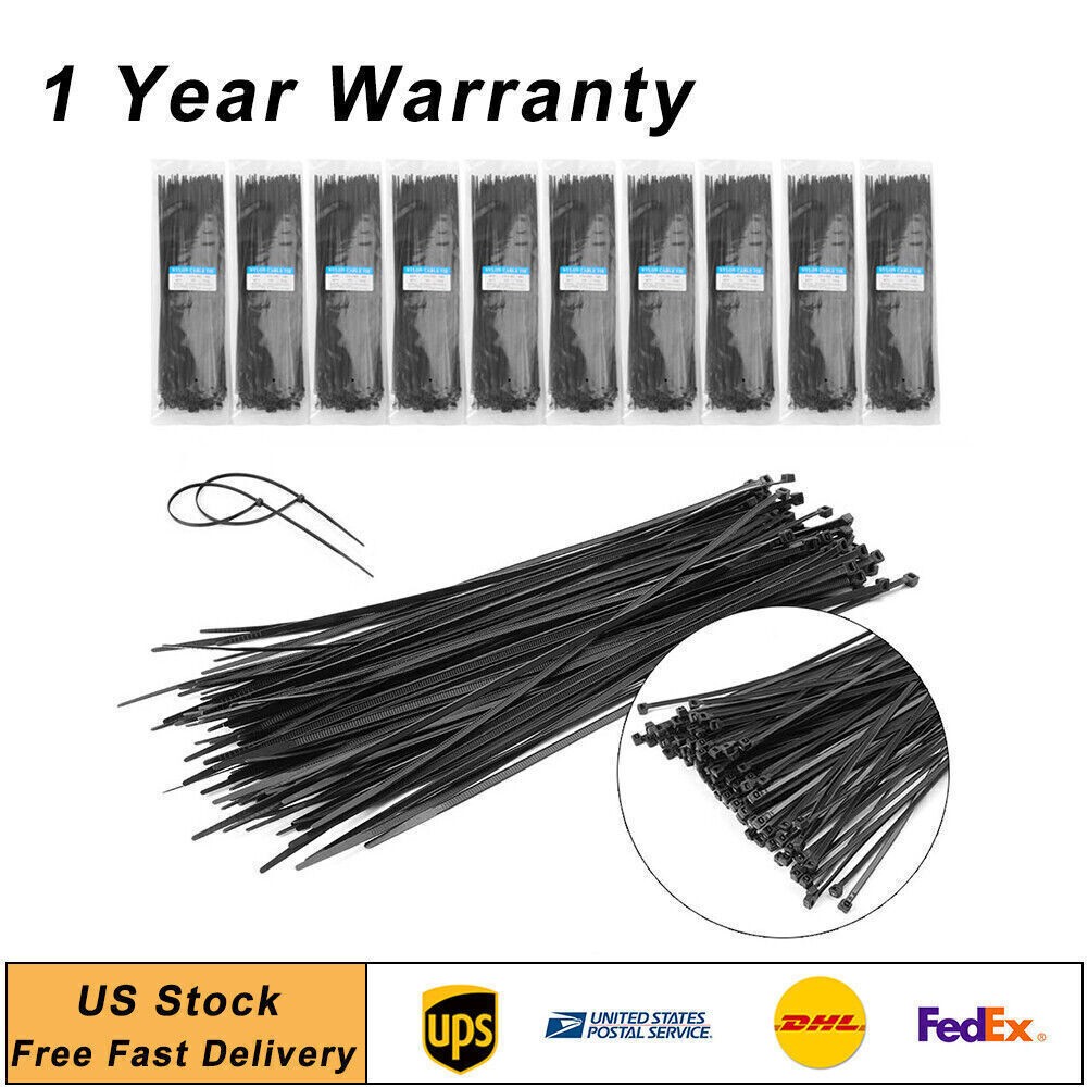 Pack 12" inch Network Cable Cord Wire BLACK Tie Strap 40 Lbs Zip Nylon 1000 PCS