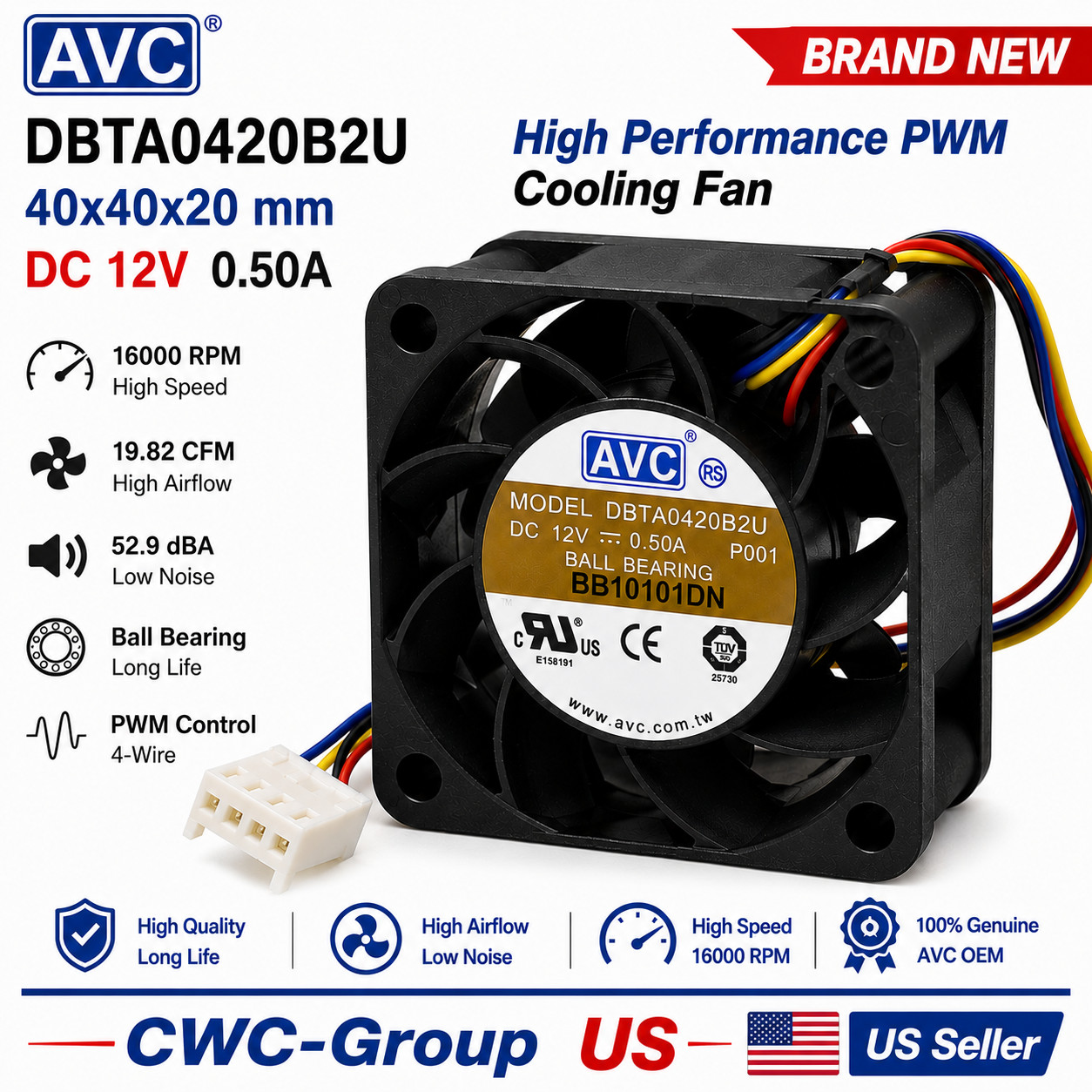 Genuine AVC DBTA0420B2U 40x40x20mm 12V 4-Pin PWM Ball Bearing Cooling Fan