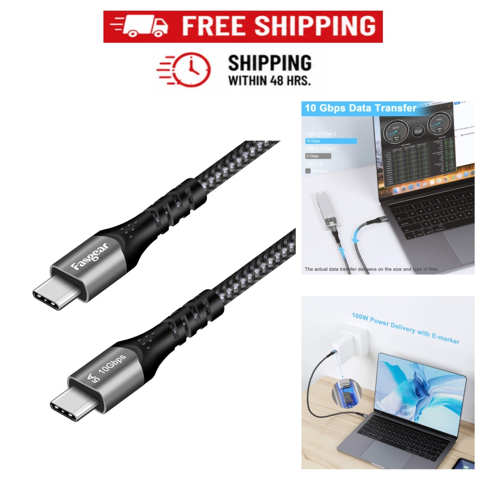 Fasgear USB C to USB C Cable 6ft 10Gbps 100W Fast Charge 4K Video