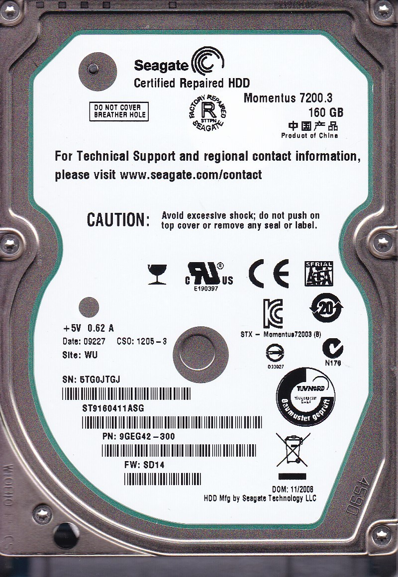 ST9160411ASG p/n: 9GEG42-300 fw: SD14 s/n: 5TG 2009 160GB SATA  A22-28