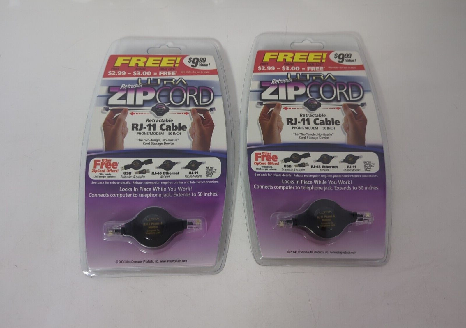LOT OF 2 ULTRA ZIP CORD RETRACTABLE RJ-11 CABLE  ULT-31470