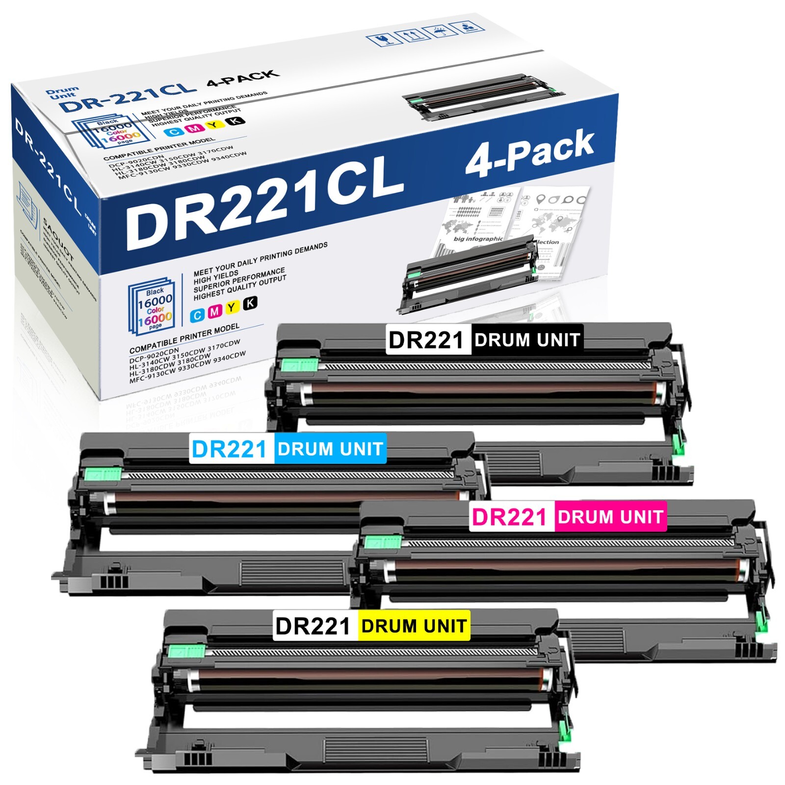4PK DR221CL DR221 Drum Unit for Brother HL3140CW HL-3170CDW MFC-9340CDW Printer