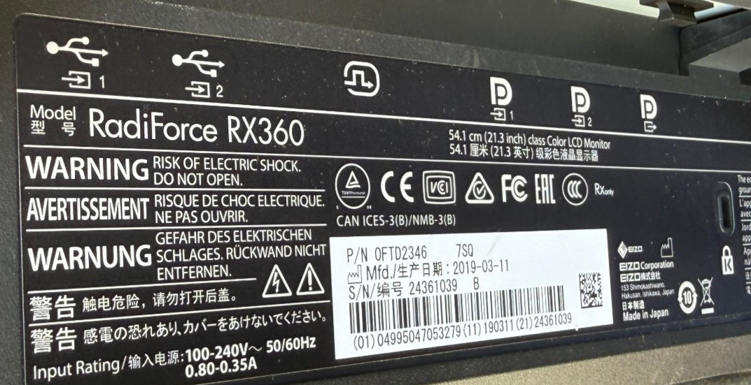 EIZO RadiForce RX360 21.3 Inch 3MP Medical Monitor IPS 1536x2048 DP Japan Used