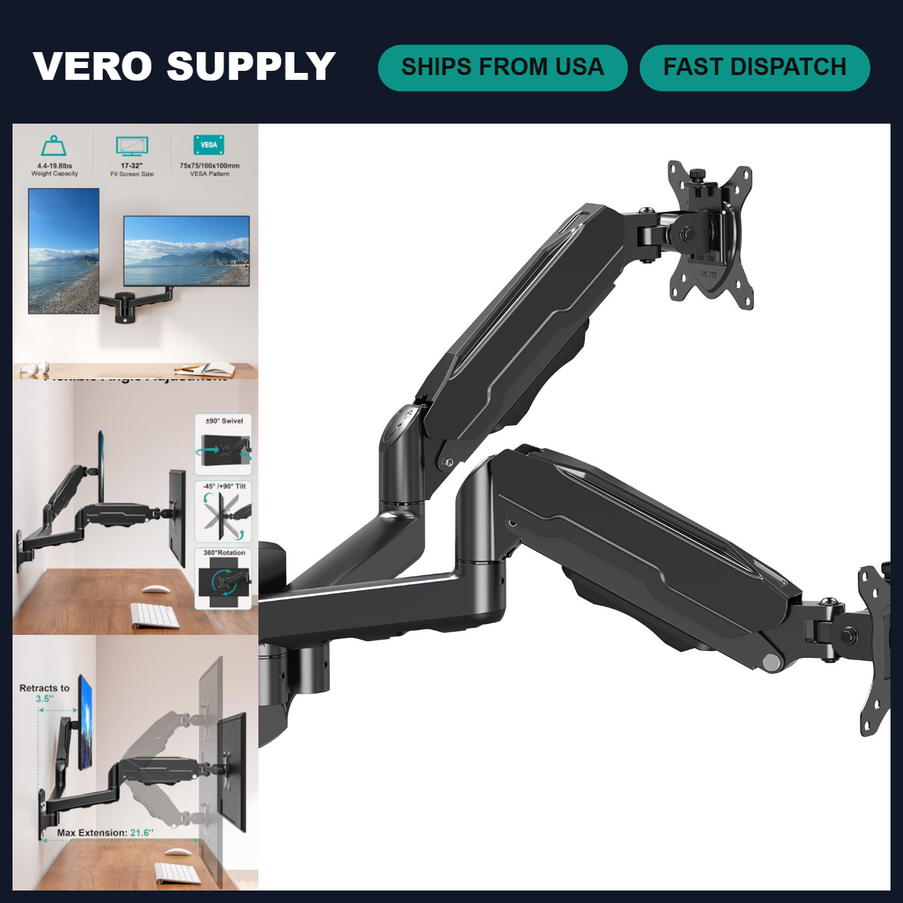 Dual Monitor Wall Mount for 32" Screens, Adjustable, Max 19.8lbs Each, VESA Comp