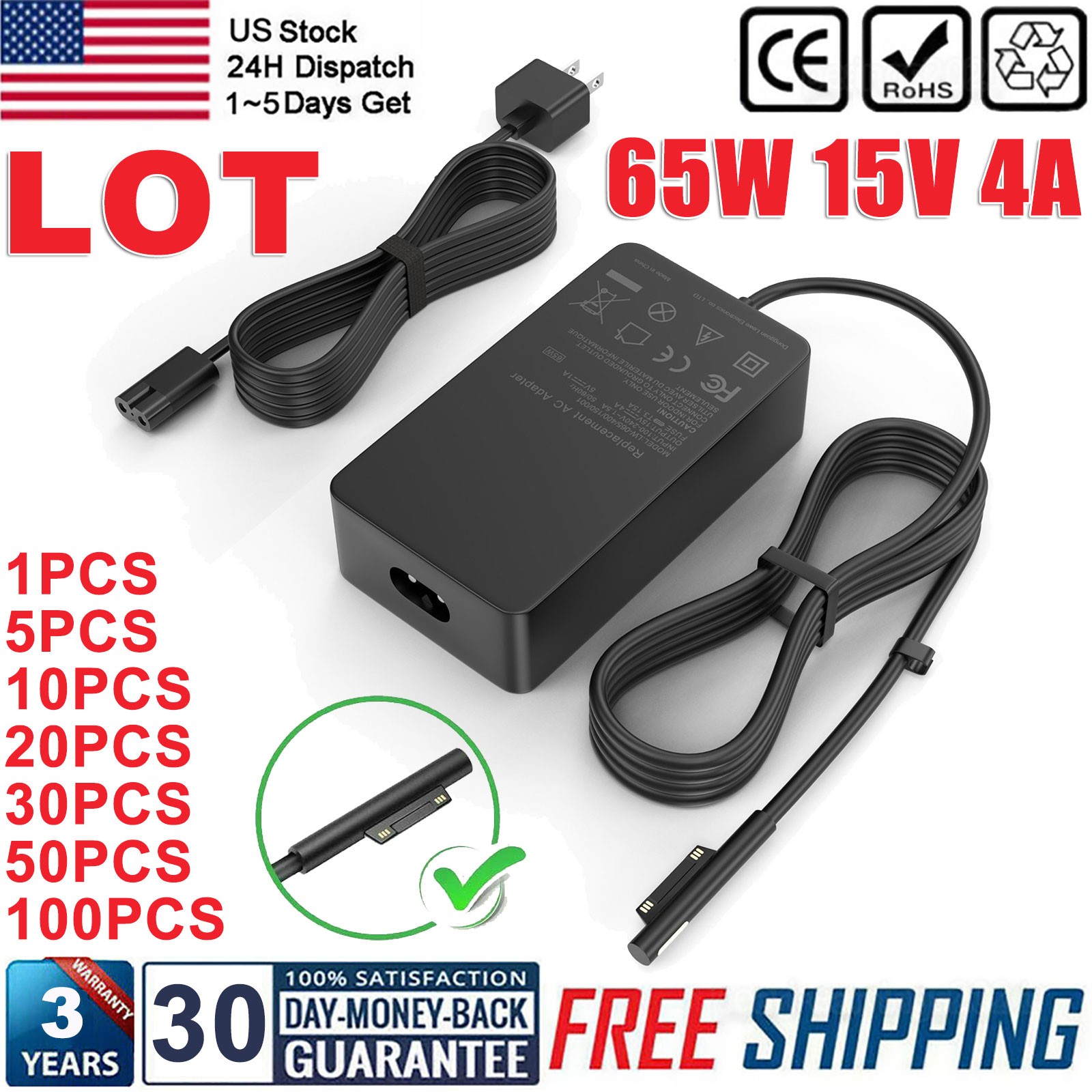 LOT OF 65W Adapter AC Charger For Surface Pro 9/8/7/6/5/4/3 Supports 1625 1706