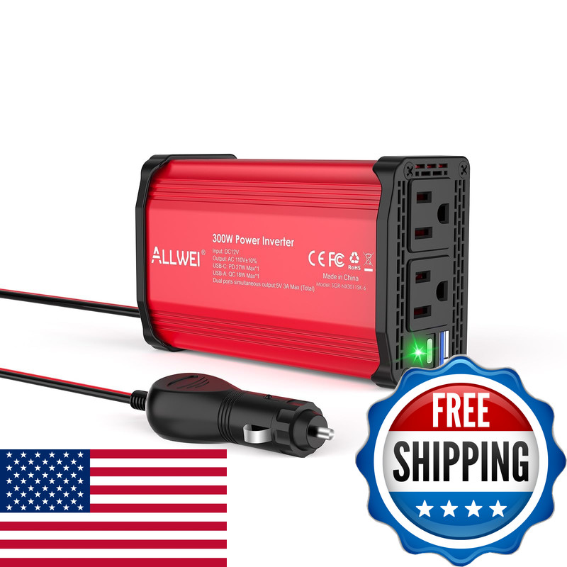 Allwei 300W Power Inverter 12V Dc To 110V Ac Car Inverter 27W Pd Usb-C 18W