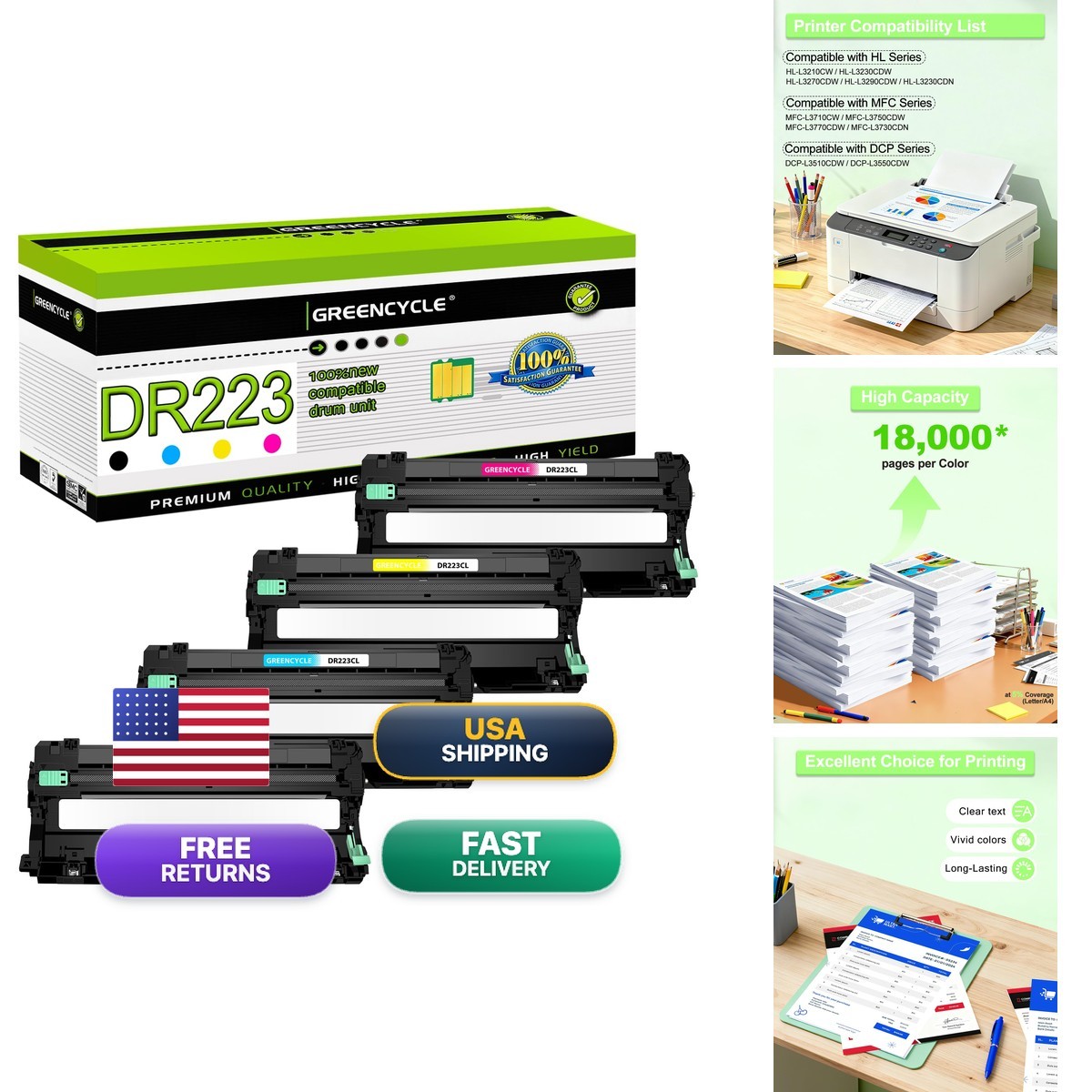 DR223CL High Yield Drum Unit for Brother MFC-L3770CDW MFC-L3750CDW 4 Pack CMYK