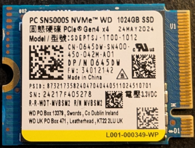 Dell WD PC SN5000S 1TB 1024GB NVMe PCIe Gen4x4 SSD 2230 (DP/N 0645DW) 97% HEALTH