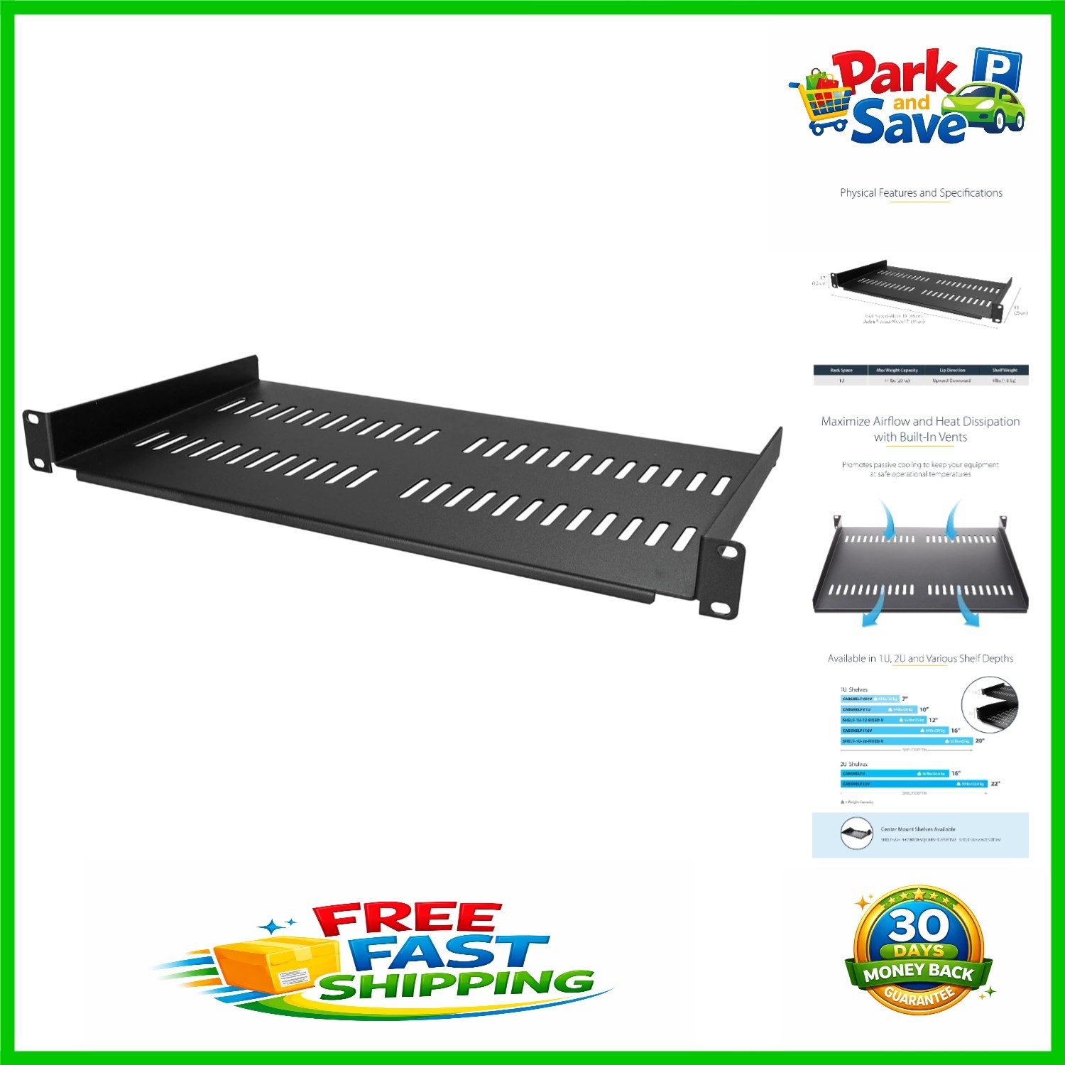 1U Vented Rack Shelf - Durable Alloy Steel for 19" Server Racks, 44lbs Capacity