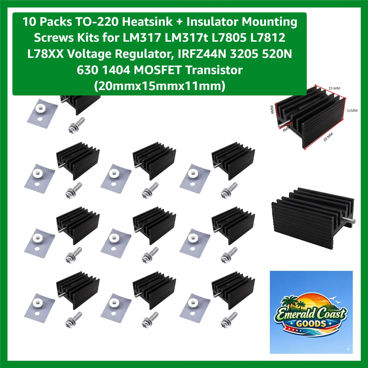 Efficient 10-Pack Black TO-220 Heatsink & Insulator Kits for Voltage Regulators