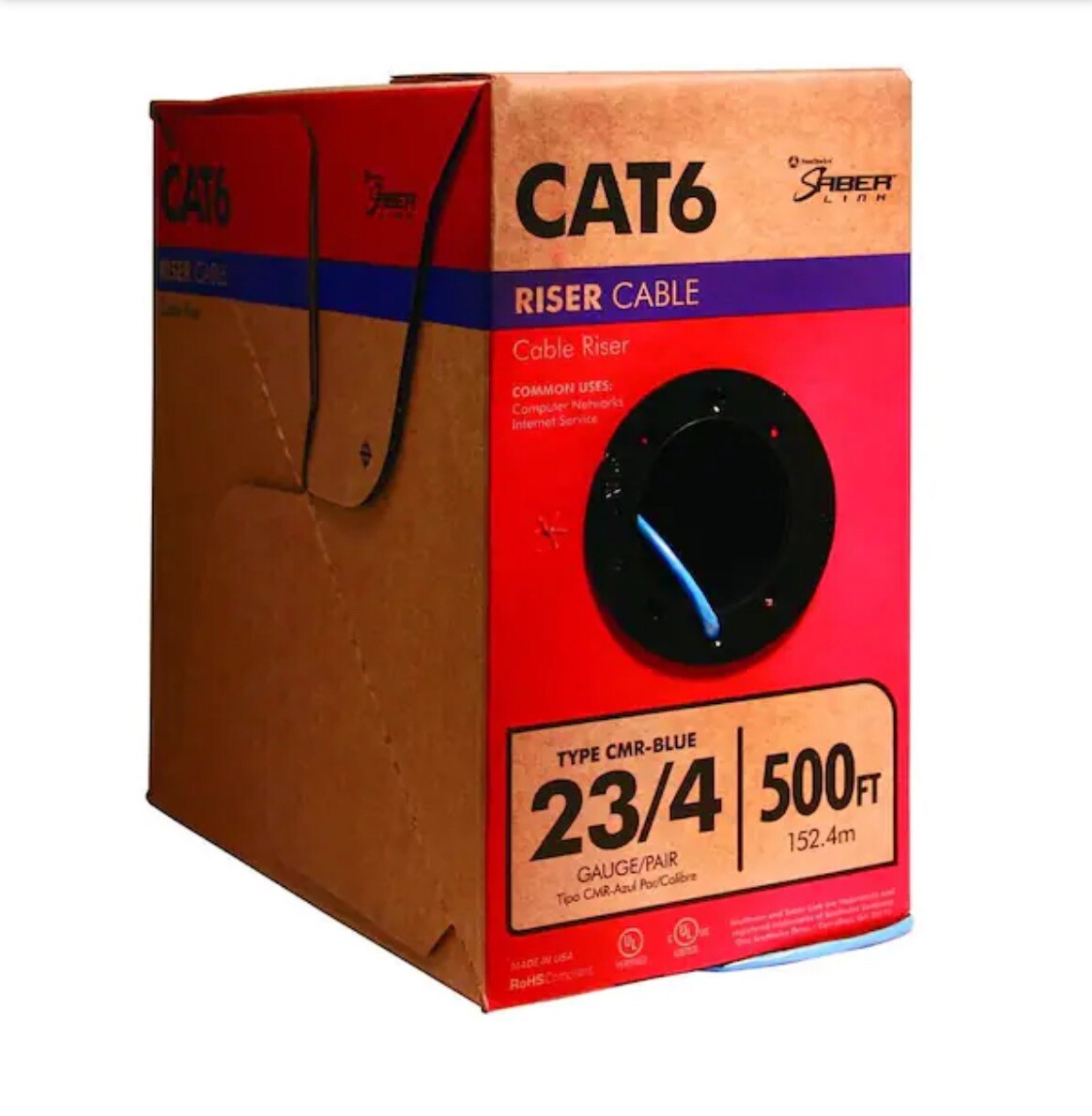 Woods 56918945 Category 6 Blue Cable 23AWG, CMR, 4 Pairs, 500 Feet