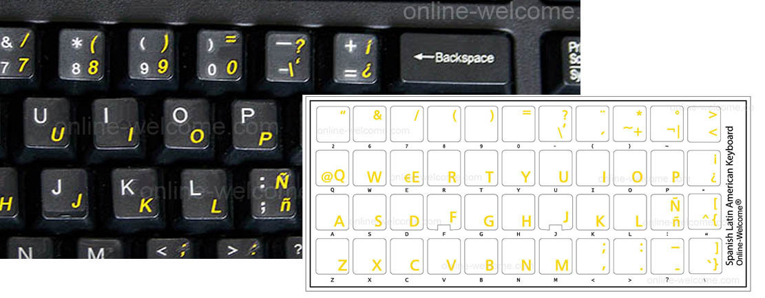 SPANISH LATIN AMERICAN KEYBOARD STICKER TRANSPARENT YELLOW LETTERS