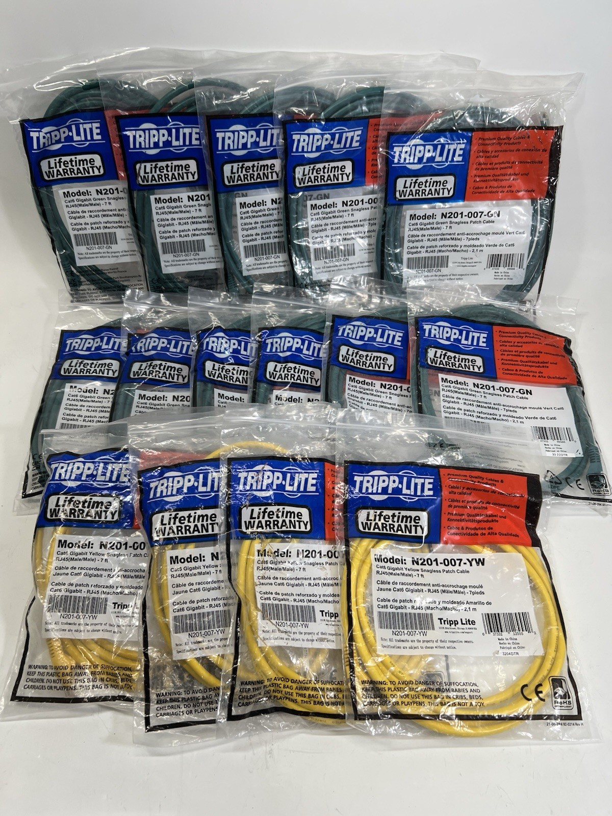 Lot Of 14 Tripp Lite 11x N201-007-GR And 4x 007-YW Cat6 Patch Cable 7ft