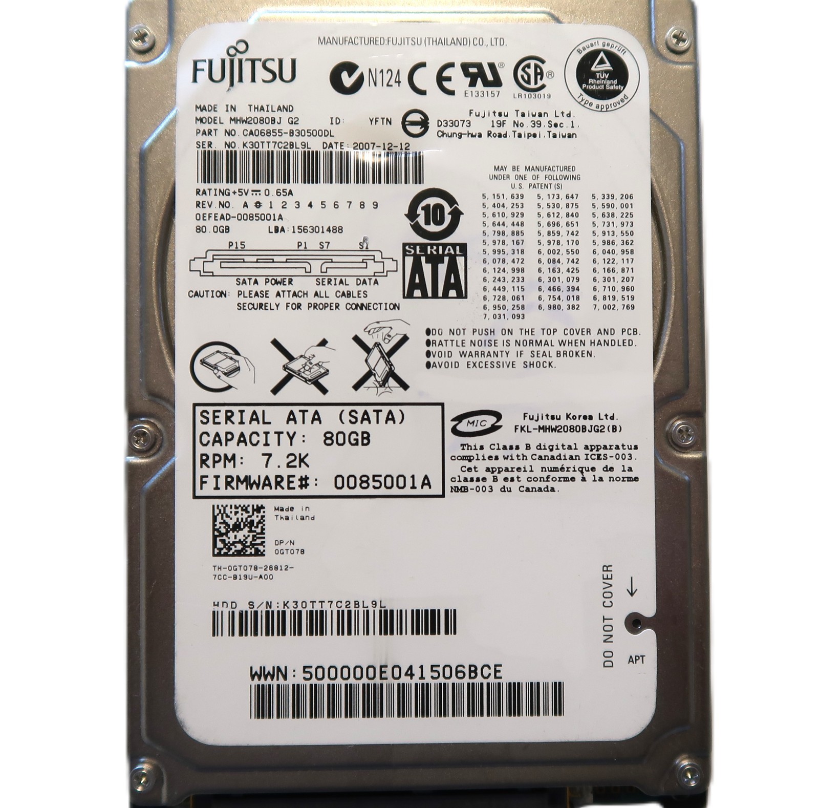 Fujitsu MHW2080BJ G2 CA06855-B30500DL 0EFEAD-0085001A 2.5" 80gb Sata HDD
